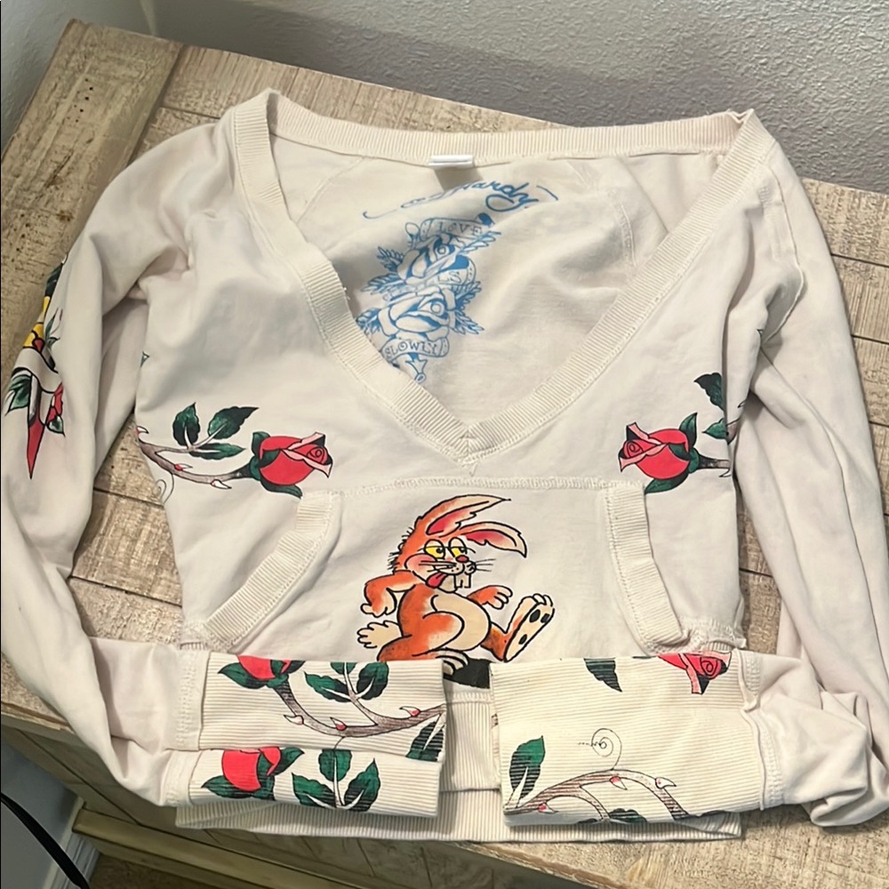 Ed Hardy Cream V-Neck Sweater with Cartoon Print